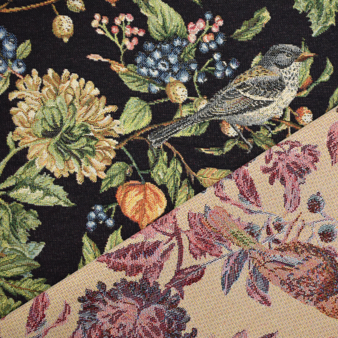 Dekostoff Gobelinstoff Paradise Bird Flora, schwarz