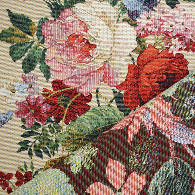 Decoration fabric Gobelin Rose Tulip Bouquet, beige