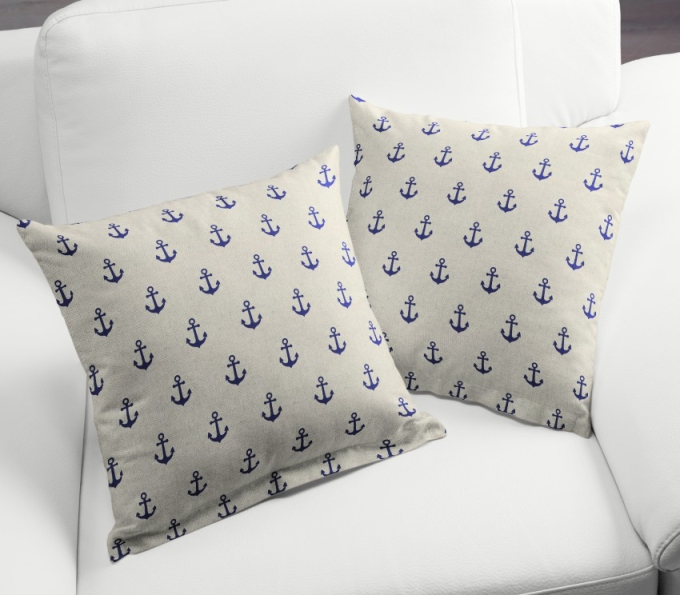 Tissu déco semi panama ancres marines, naturel