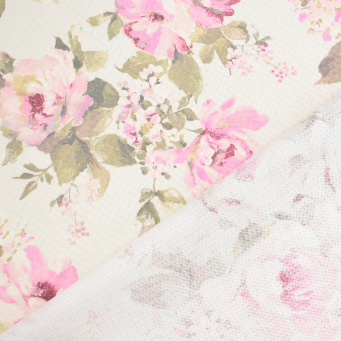 Tissu déco semi panama Big Roses, blanc vanille