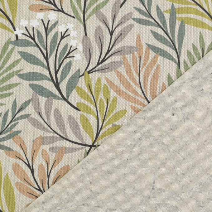 Decoration fabric half panama forest of leaves, natural