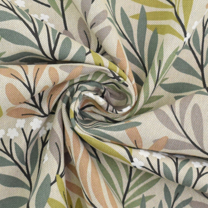 Decoration fabric half panama forest of leaves, natural