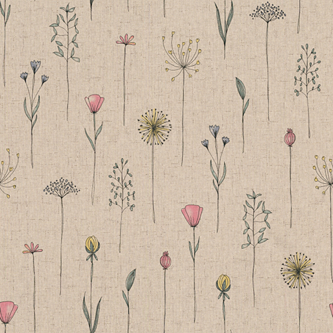 Tissu déco semi panama champ de fleurs, naturel