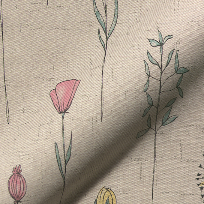 Tissu déco semi panama champ de fleurs, naturel