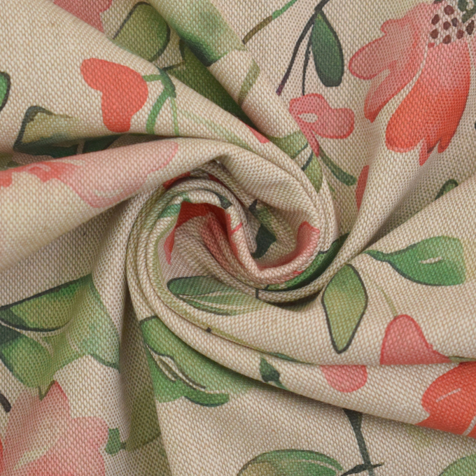 Tissu déco semi panama Rameaux de fleuri, beige
