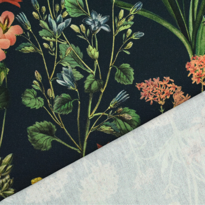 Tissu déco semi panama fleurs des champs, bleu foncé