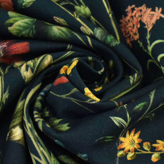 Tissu déco semi panama fleurs des champs, bleu foncé