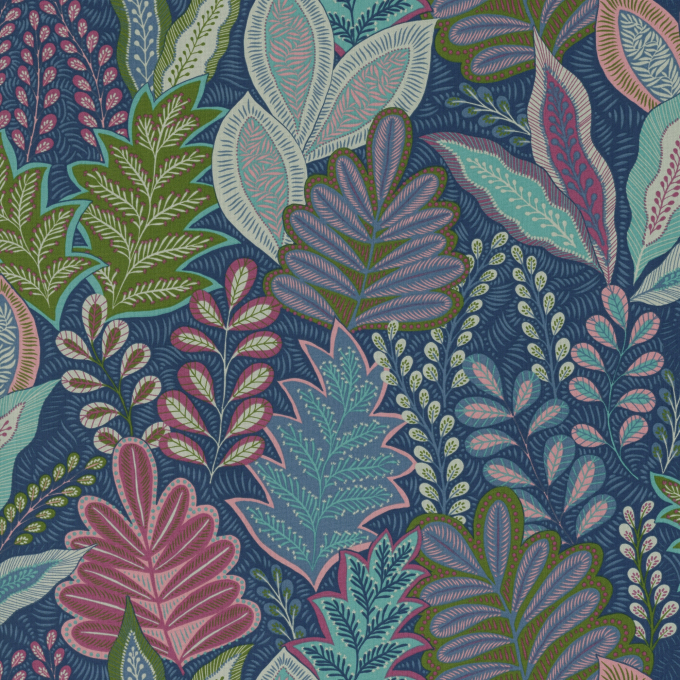 Tissu déco semi panama feuilles Vintage botanical leaves, bleu foncé