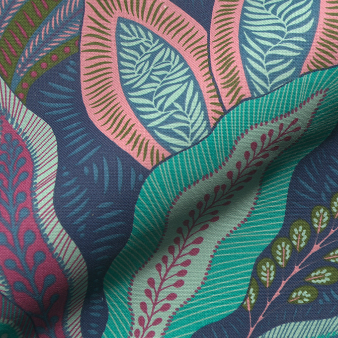 Tissu déco semi panama feuilles Vintage botanical leaves, bleu foncé