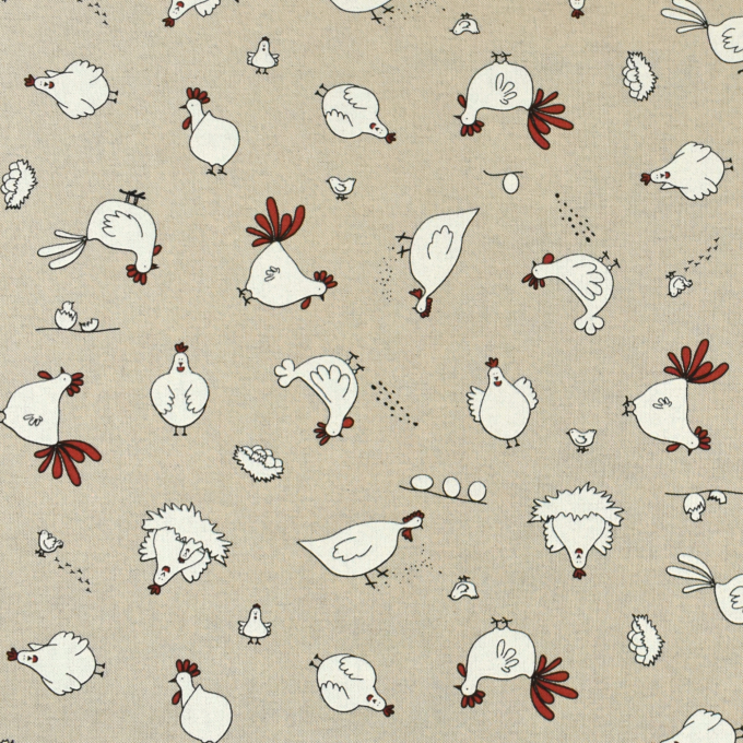 Tissu déco semi panama poules Chicken Family, naturelle