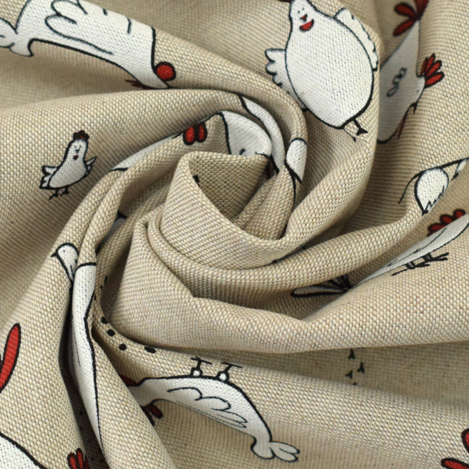 Tissu déco semi panama poules Chicken Family, naturelle