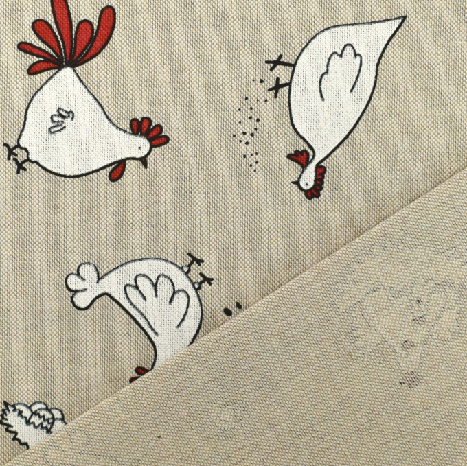 Tissu déco semi panama poules Chicken Family, naturelle