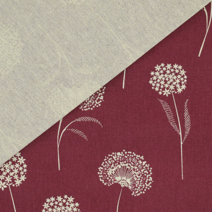 Tissu déco semi panama graines de pissenlit Dandelions, lie de vin