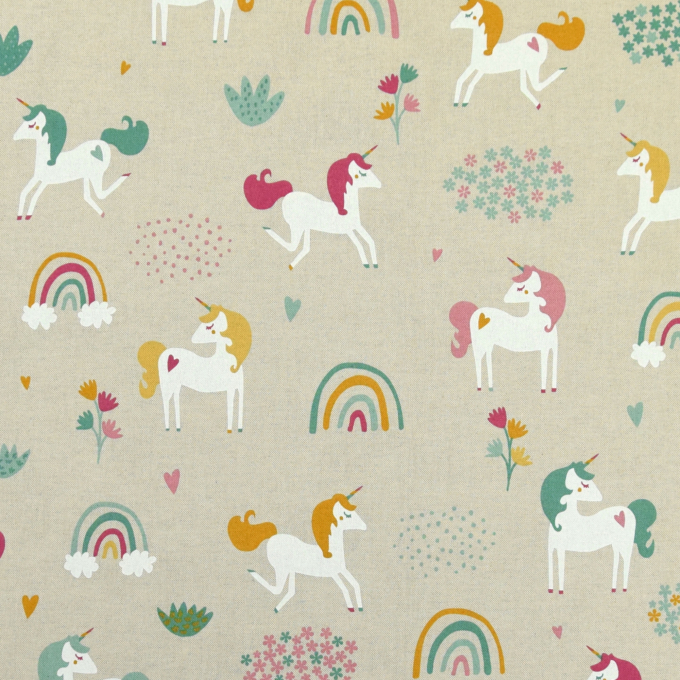 Tissu déco semi panama licornes, naturel