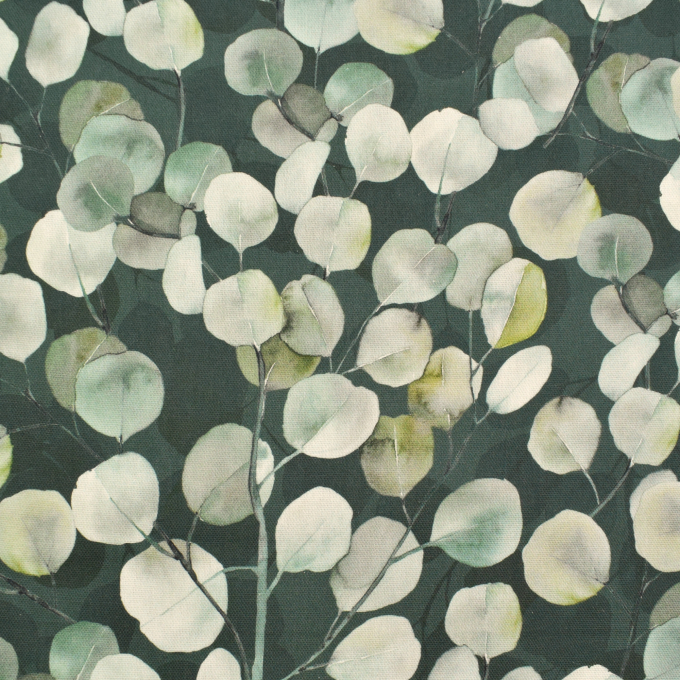 Tissu déco semi panama Feuilles d'eucalyptus, vert foncé profond