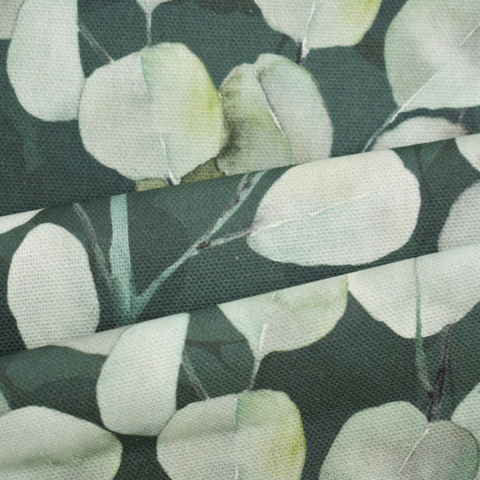 Tissu déco semi panama Feuilles d'eucalyptus, vert foncé profond