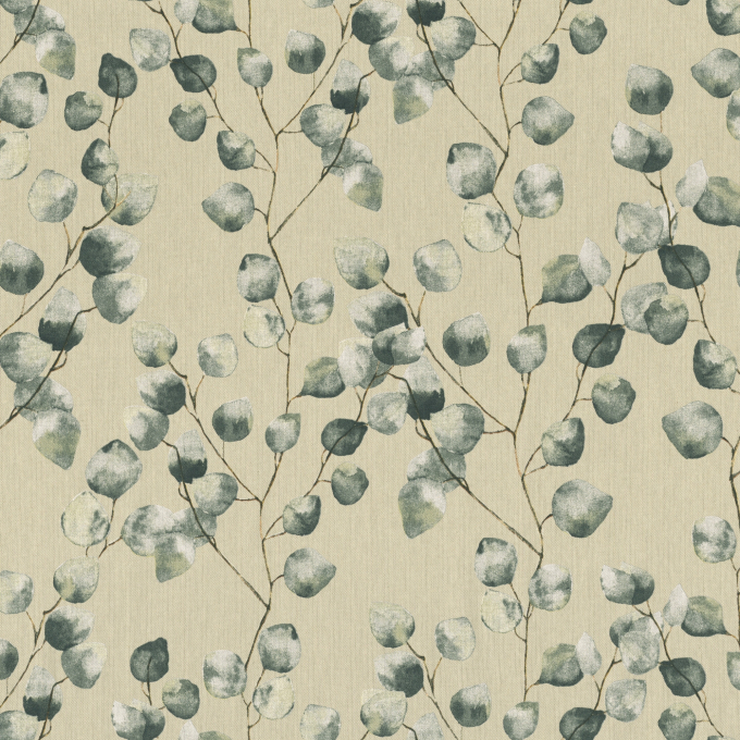 Tissu déco semi panama feuilles eucalyptus, naturel