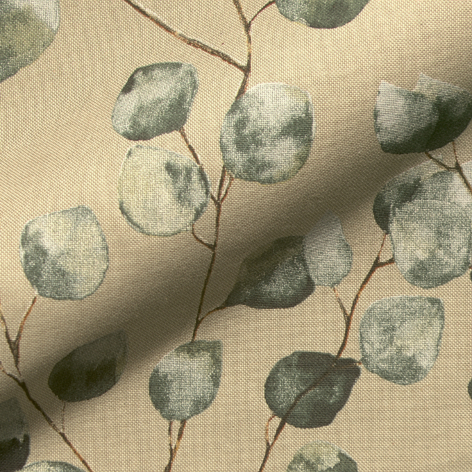 Tissu déco semi panama feuilles eucalyptus, naturel