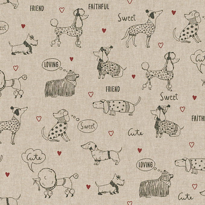 Tissu déco semi panama chiens, naturel