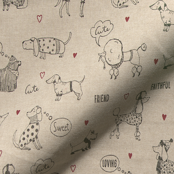 Tissu déco semi panama chiens, naturel