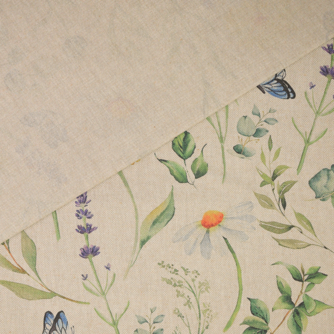 Decoration fabric half panama Flowers and Butterflies, beige