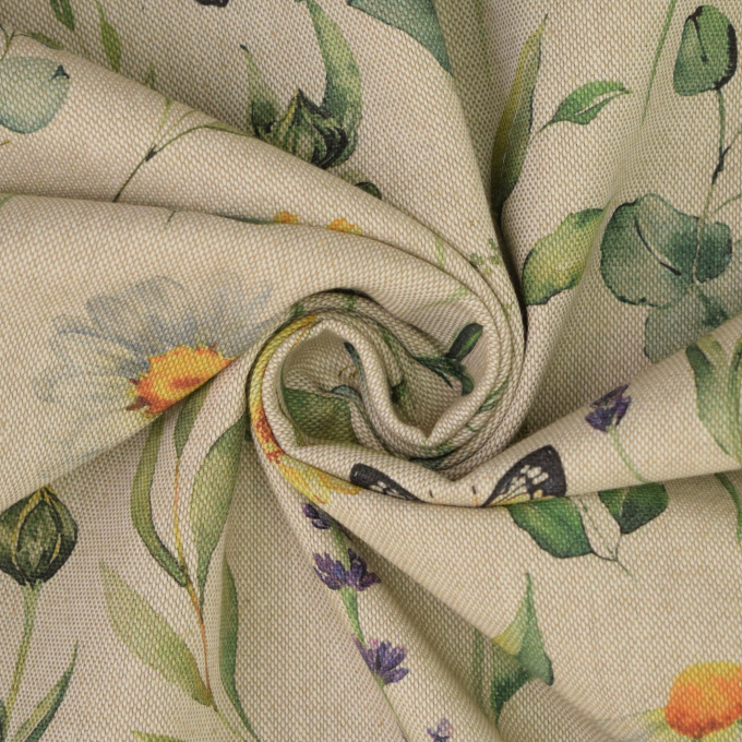 Decoration fabric half panama Flowers and Butterflies, beige