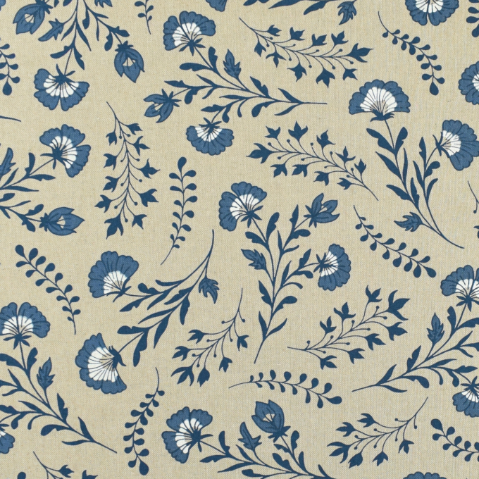 Tissu déco semi panama fleurs folklores traditionnelles, naturel