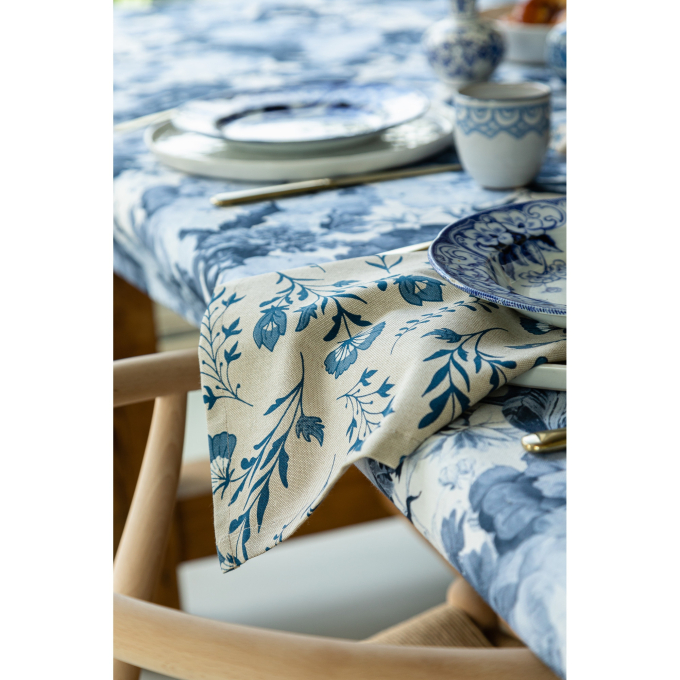 Tissu déco semi panama fleurs folklores traditionnelles, naturel