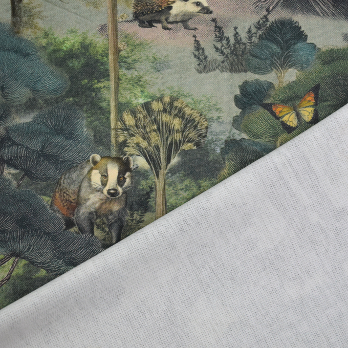 Decoration fabric half panama Forest Animals, dark green