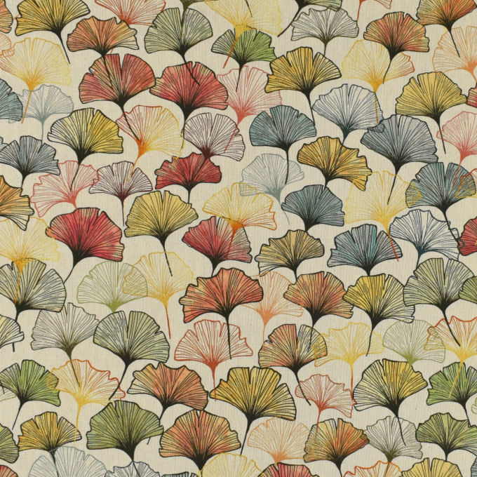 Tissu déco semi panama feuilles de ginkgo leaves, naturell