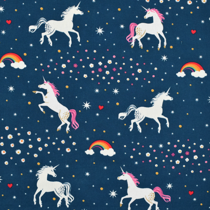 Tissu déco semi panama qui brille dans le noir Licorne Glow in the Dark, bleu foncé