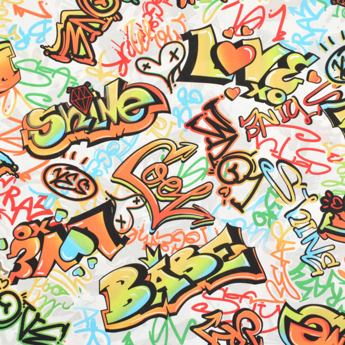Tissu déco semi panama Graffiti Art, blanc