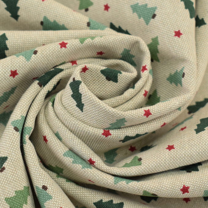 Tissu déco semi panama petits sapins de Noël small christmas trees, naturel