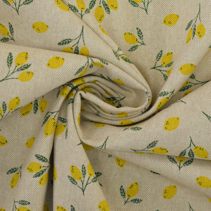 Tissu déco semi panama petits citrons Little Citrus Fruits, blanc nature