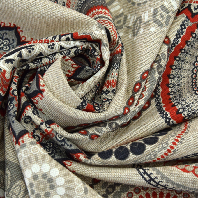 Decoration fabric half panama Mandala, natural, red
