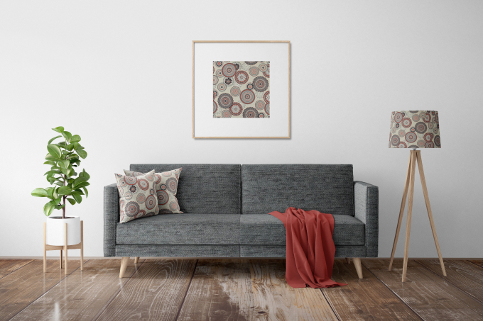 Decoration fabric half panama Mandala, natural, red