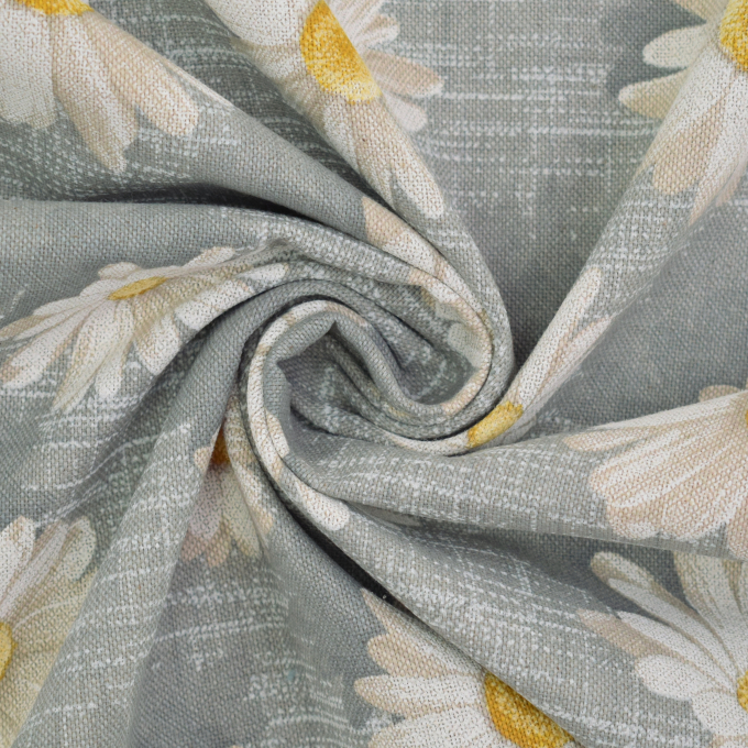 Tissu déco semi panama Fleurs Marguerites, gris