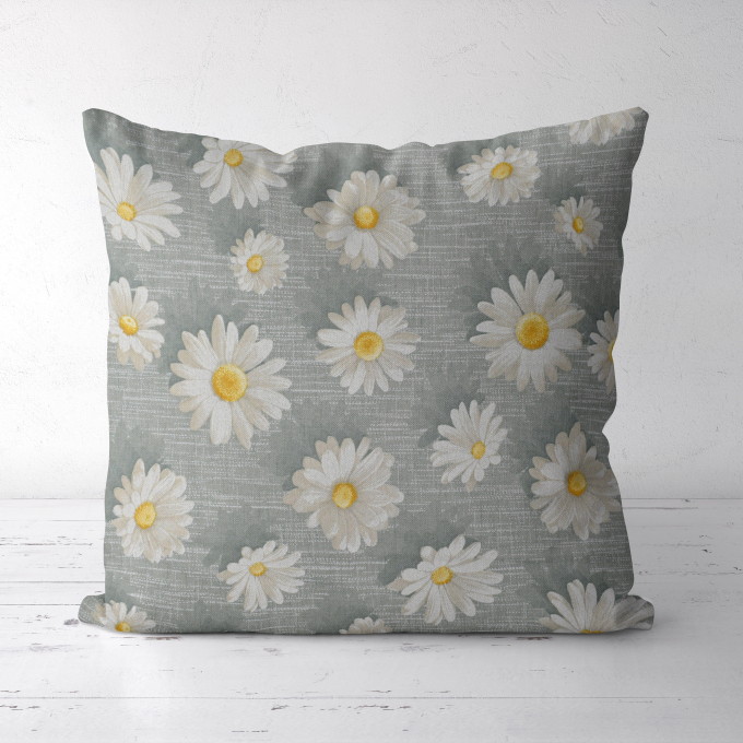 Tissu déco semi panama Fleurs Marguerites, gris