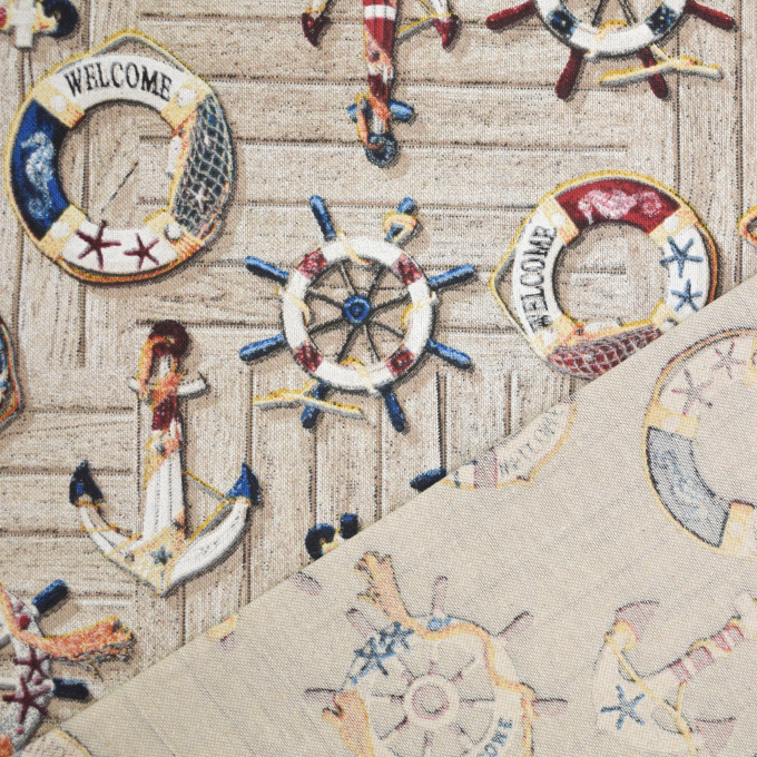 Tissu déco semi panama Bord de mer chic Maritime Signs, beige