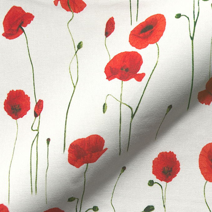 Tissu déco semi panama coquelicots, blanc cassé