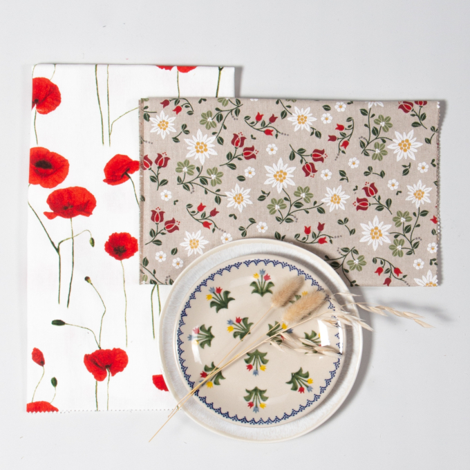 Tissu déco semi panama coquelicots, blanc cassé