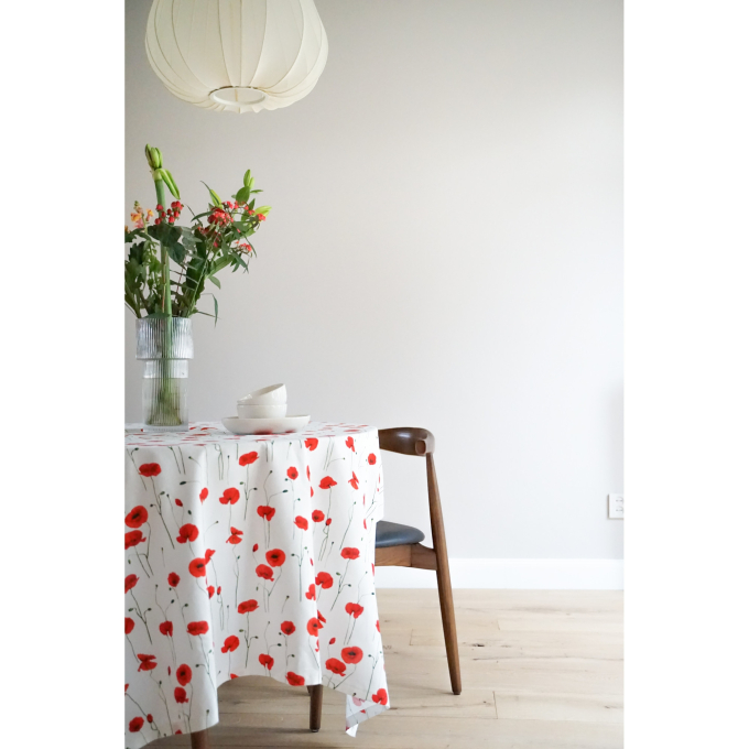 Tissu déco semi panama coquelicots, blanc cassé