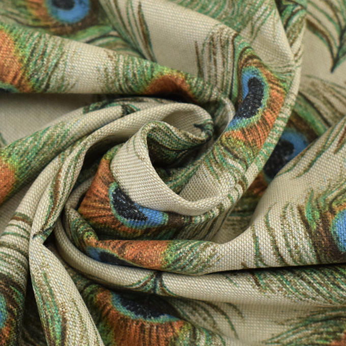 Tissu déco semi panama plumes de paons