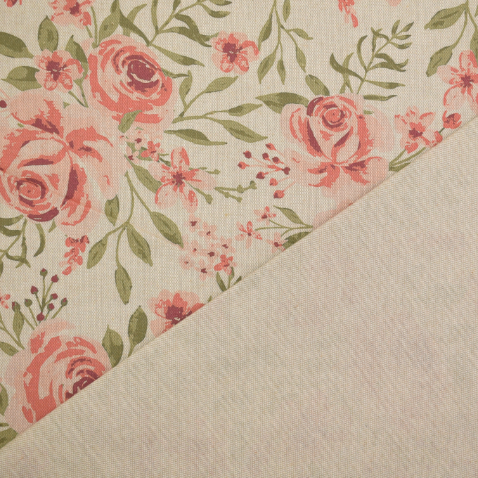 Tissu déco semi panama Fleurs Roses, beige