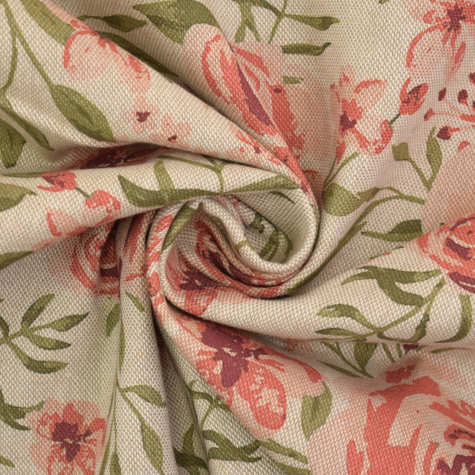 Tissu déco semi panama Fleurs Roses, beige