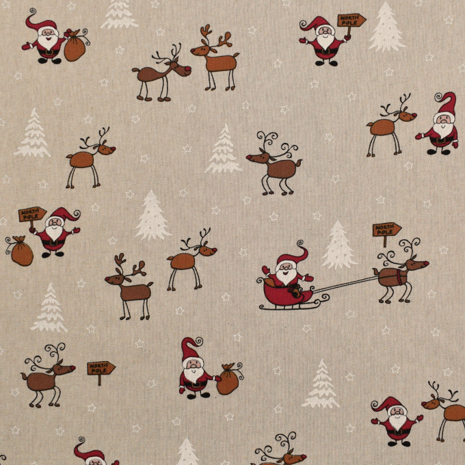Tissu déco semi panama Père Noël & cerfs Santa´s Reindeer Sleigh, naturel