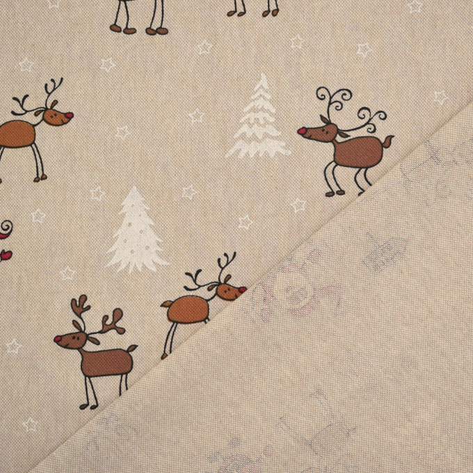 Tissu déco semi panama Père Noël & cerfs Santa´s Reindeer Sleigh, naturel