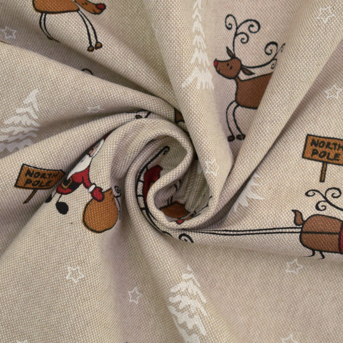 Tissu déco semi panama Père Noël & cerfs Santa´s Reindeer Sleigh, naturel