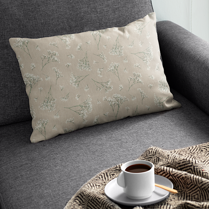 Tissu déco semi panama branches de gypsophile, naturel