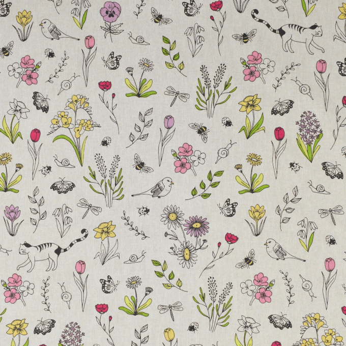 Tissu déco semi panama Printemps Spring Time,naturel